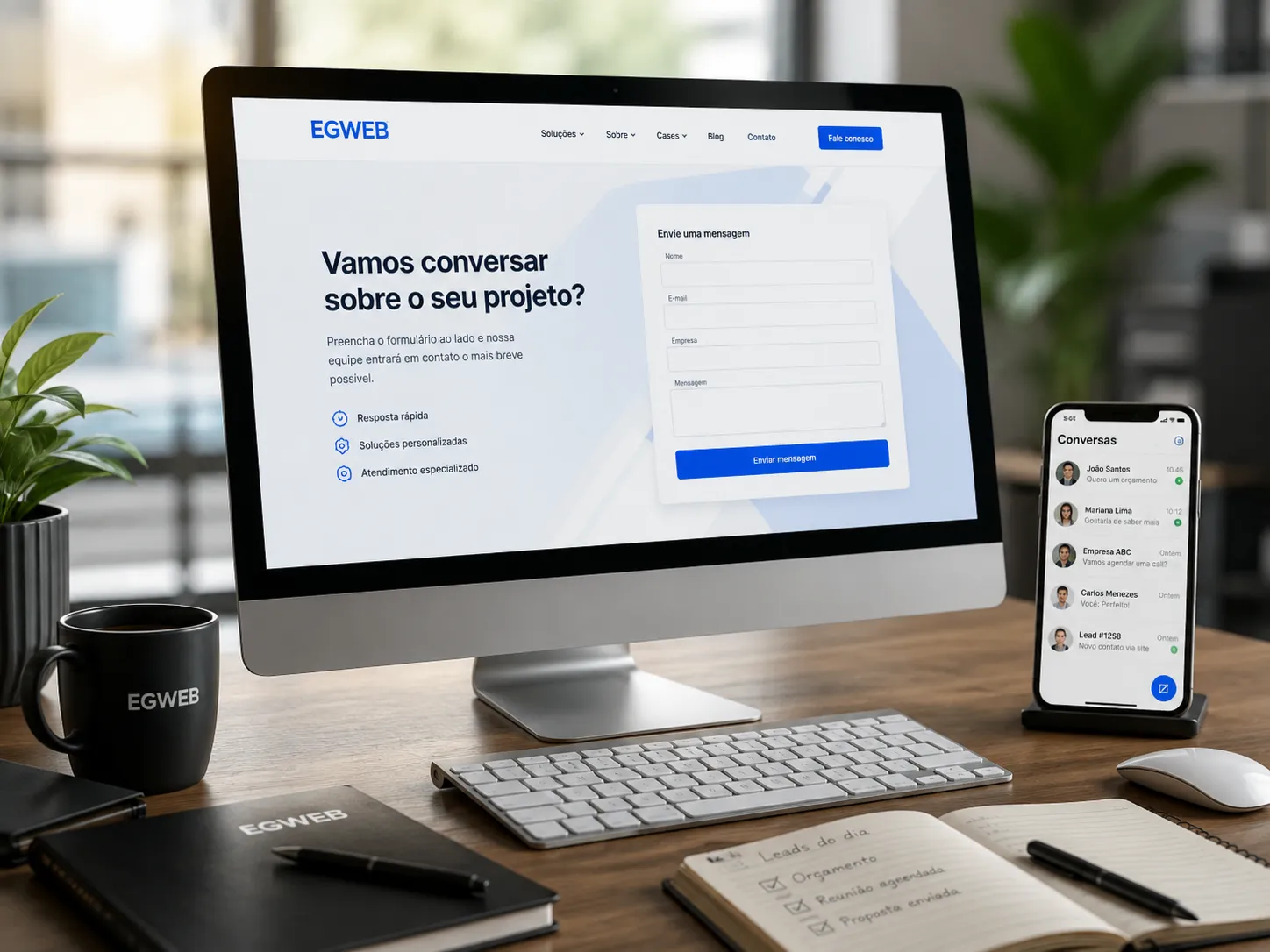 Site profissional da EGWEB exibido em computador com contatos no celular