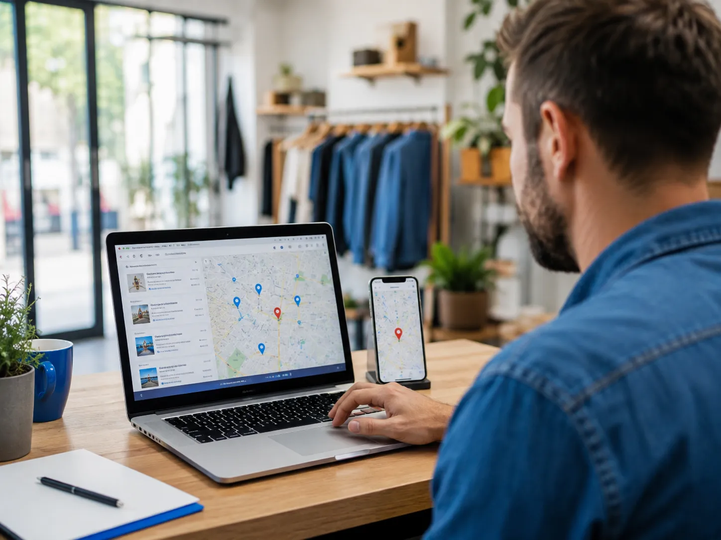 Empresário analisando resultados locais no Google em notebook e celular