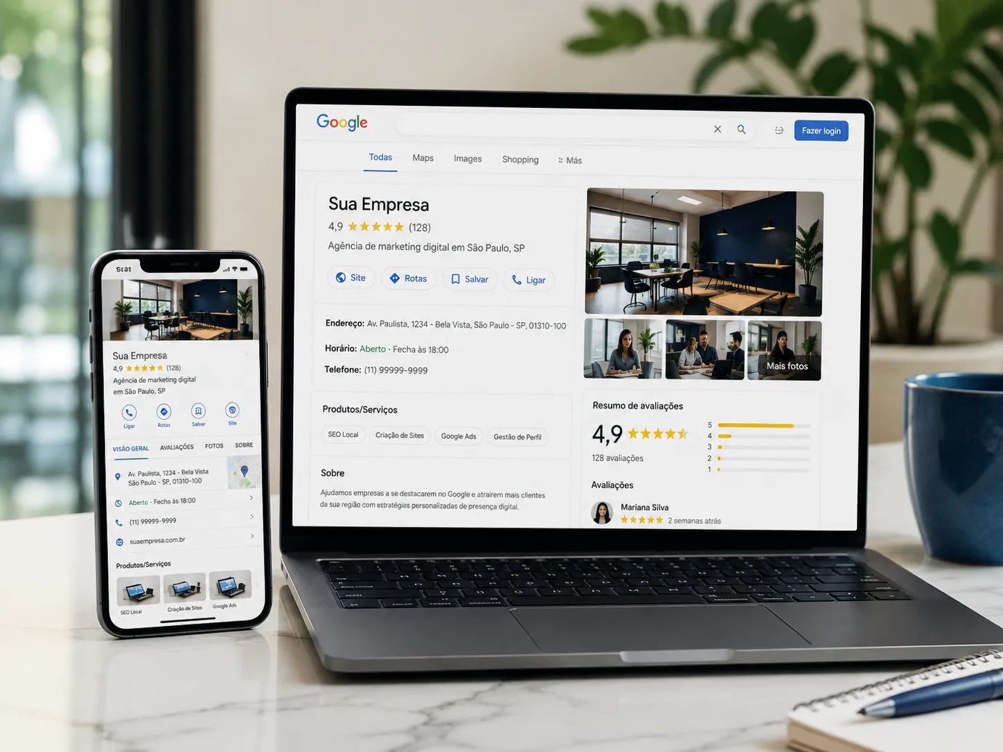 Perfil completo de empresa no Google exibido em computador e celular